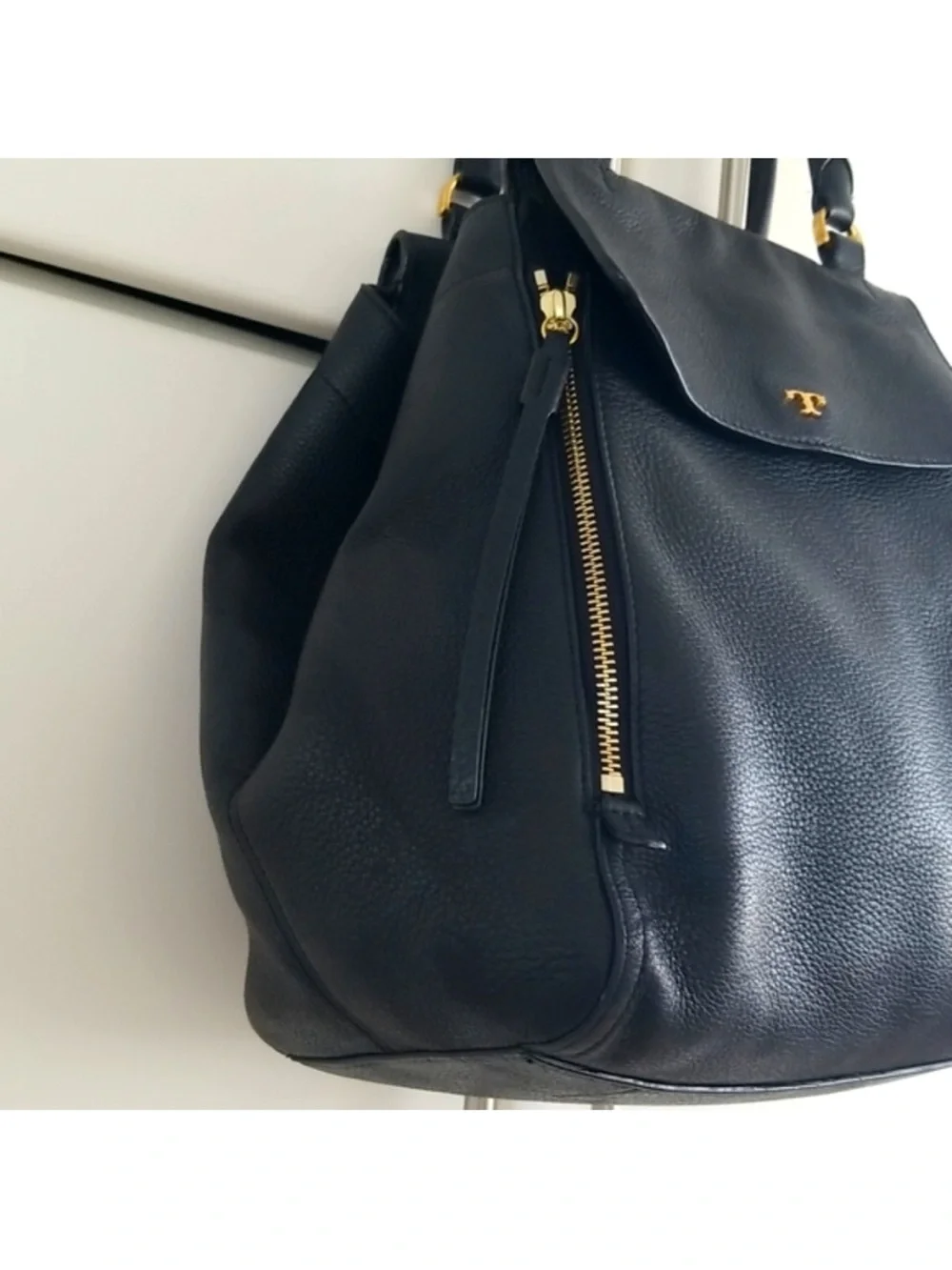 Tory Burch Black half moon Leather satchel tote Bag with Gold Hardware Brand New